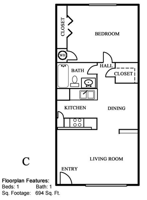 Plan C One Bedroom / One Bath - 694 Sq. Ft.*