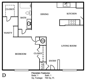 Plan D One Bedroom / One Bath - 799 Sq. Ft.*