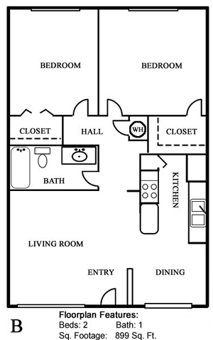 Plan B Two Bedroom / One Bath - 899 Sq. Ft.*