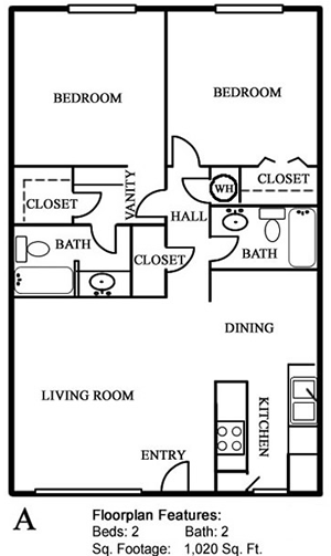 Plan A Two Bedroom / Two Bath - 1020 Sq. Ft.*