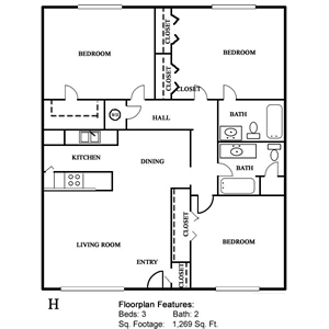 Plan H Three Bedroom / Two Bath - 1269 Sq. Ft.*