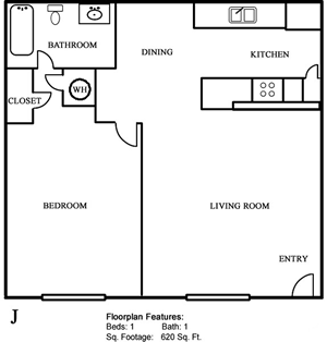 Type J One Bedroom / One Bath - 620 Sq. Ft