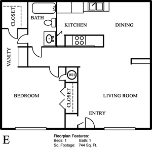 Plan W One Bedroom / One Bath - 744 Sq. Ft.*